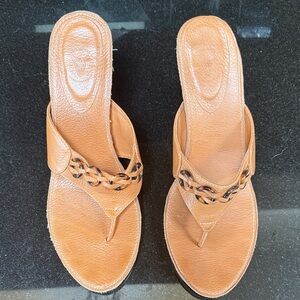 Frye Tan Leather Braided-Trim Toe-Post Slide Sandals